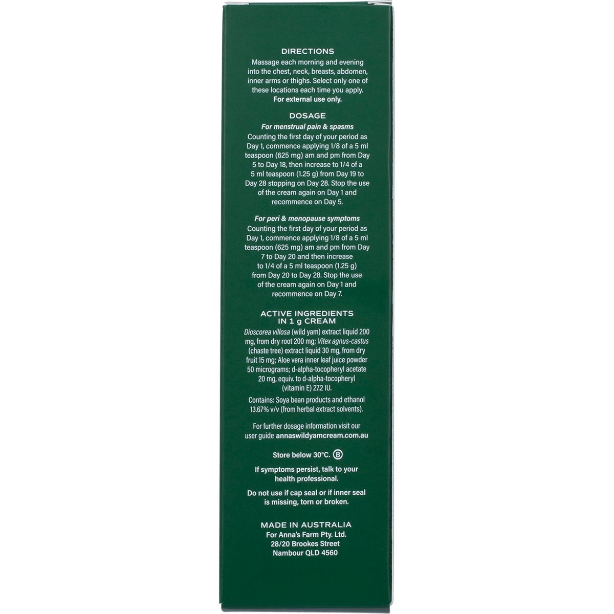 100g jar of Anna's Wild Yam Cream for menstrual and menopausal symptoms on a white background.