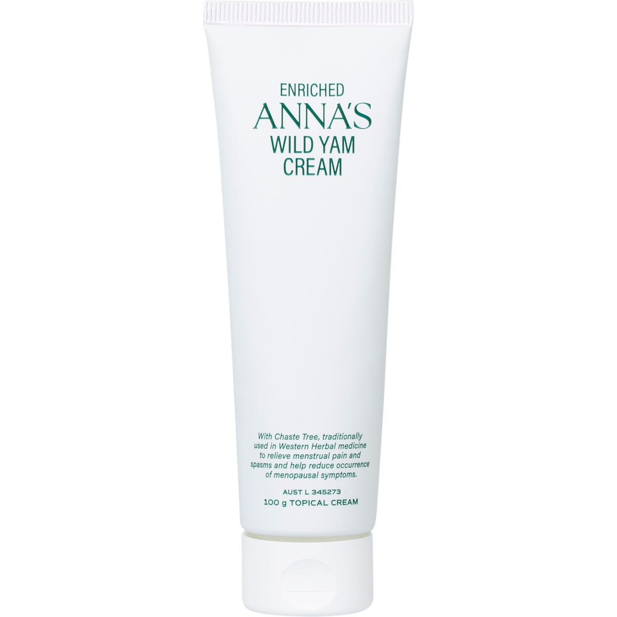 Anna's Wild Yam Cream 100g jar for menstrual and menopausal relief on a white background.