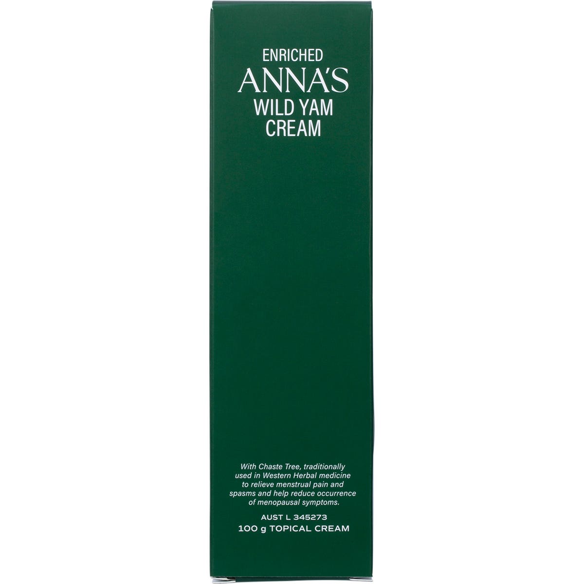 100g jar of Anna's Wild Yam Cream for menstrual and menopausal symptoms on a white background.