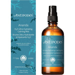 100ml glass bottle of Antipodes Ananda Antioxidant-Rich Gentle Toner with a spray nozzle and gold-trimmed label.