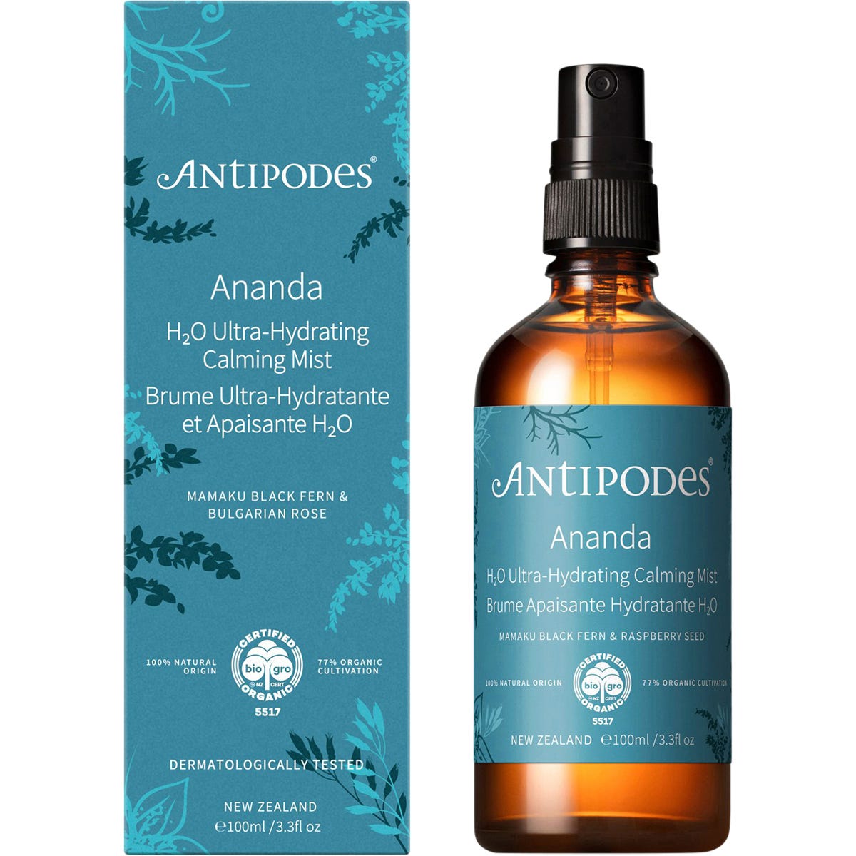 100ml glass bottle of Antipodes Ananda Antioxidant-Rich Gentle Toner with a spray nozzle and gold-trimmed label.