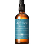 Antipodes Ananda 100ml toner glass bottle with a gold-trimmed label and spray nozzle against a white background.