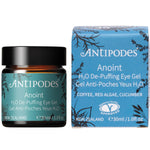 30ml jar of Antipodes Anoint H2O De-Puffing Eye Gel with a green label and white lid on a white background.