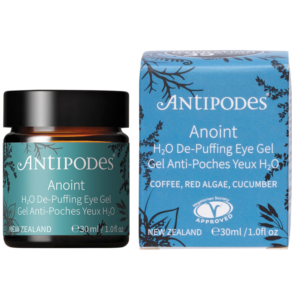 30ml jar of Antipodes Anoint H2O De-Puffing Eye Gel with a green label and white lid on a white background.