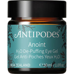 Antipodes Anoint H2O De-Puffing Eye Gel 30ml jar and its matching green box on a white background.