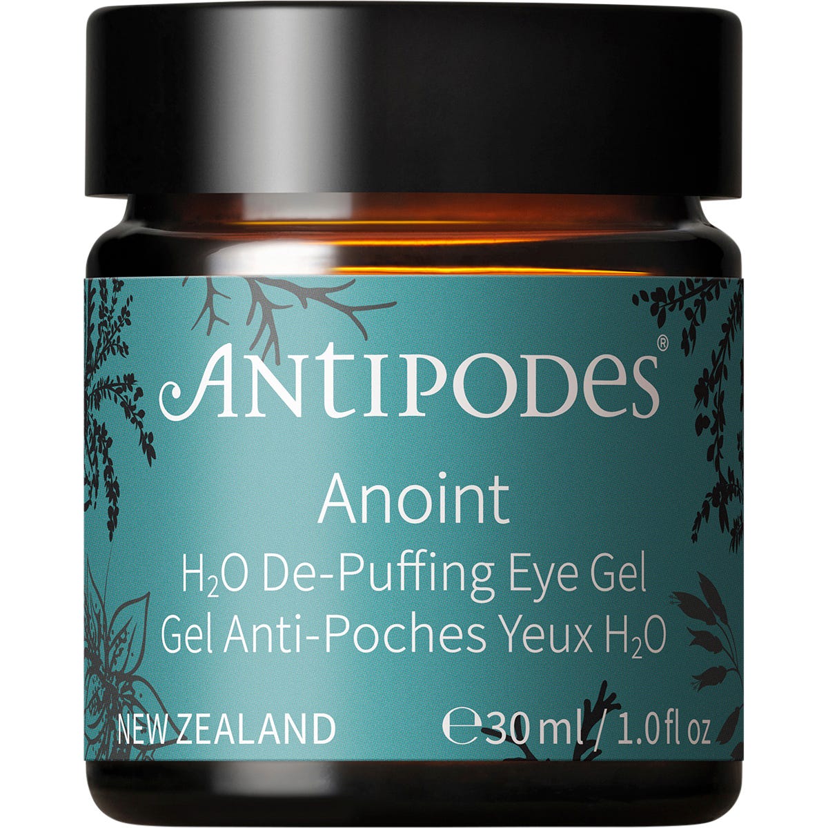 Antipodes Anoint H2O De-Puffing Eye Gel 30ml jar and its matching green box on a white background.