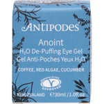 30ml jar of Antipodes Anoint H2O De-Puffing Eye Gel with a green label and white lid on a white background.