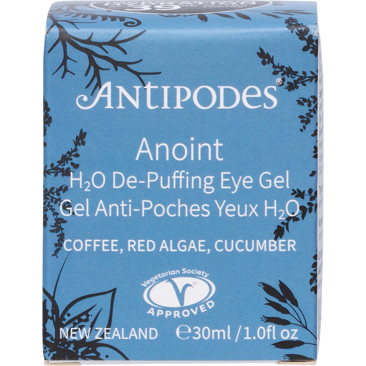 30ml jar of Antipodes Anoint H2O De-Puffing Eye Gel with a green label and white lid on a white background.