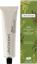 Antipodes Aura Manuka Honey Mask 75ml tube in a white and green box with botanical illustrations.