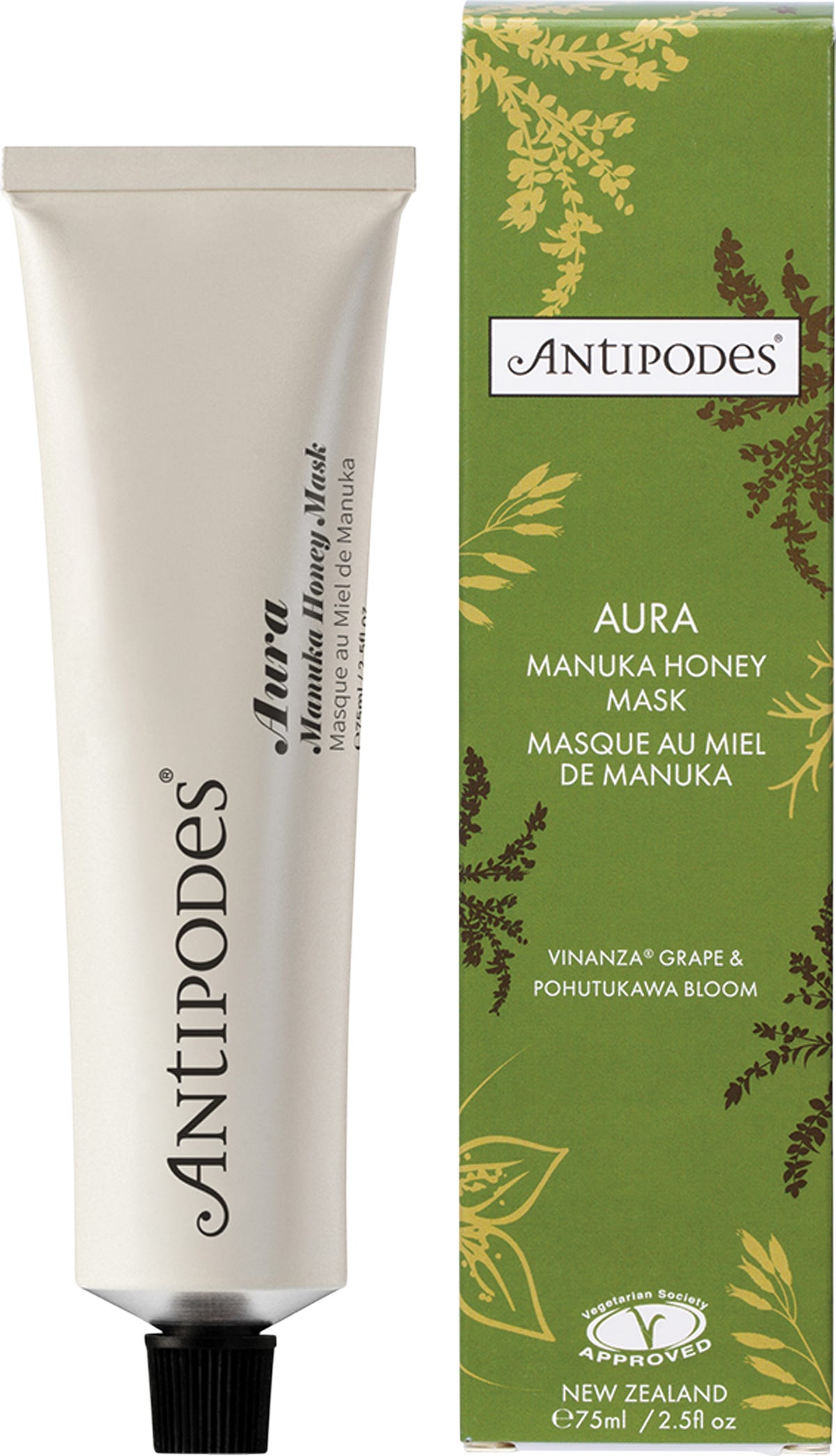 Antipodes Aura Manuka Honey Mask 75ml tube in a white and green box with botanical illustrations.
