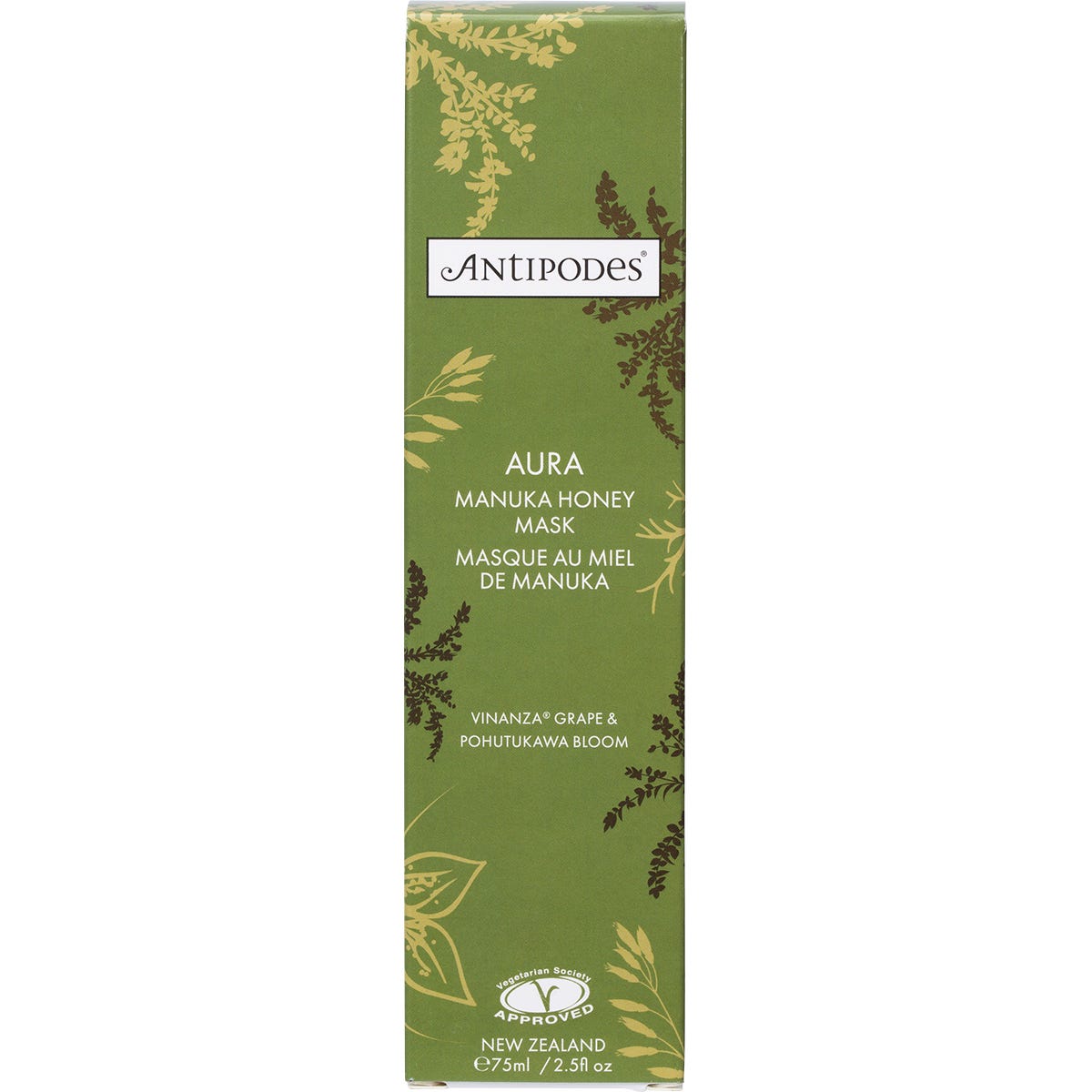 75ml tube of Antipodes Aura Manuka Honey Mask featuring botanical illustrations on a white background.