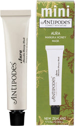 Antipodes Aura Manuka Honey Mask MINI 15ml in a white and green tube with matching cardboard box.