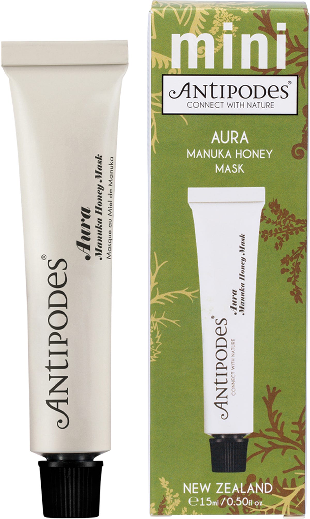 Antipodes Aura Manuka Honey Mask MINI 15ml in a white and green tube with matching cardboard box.
