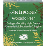 Antipodes Avocado Pear Collagen-Boosting Night Cream 60ml jar with a gold lid on a white background.