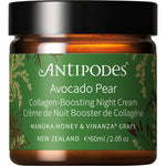 Antipodes Avocado Pear Collagen-Boosting Night Cream 60ml jar with a gold lid on a white background.