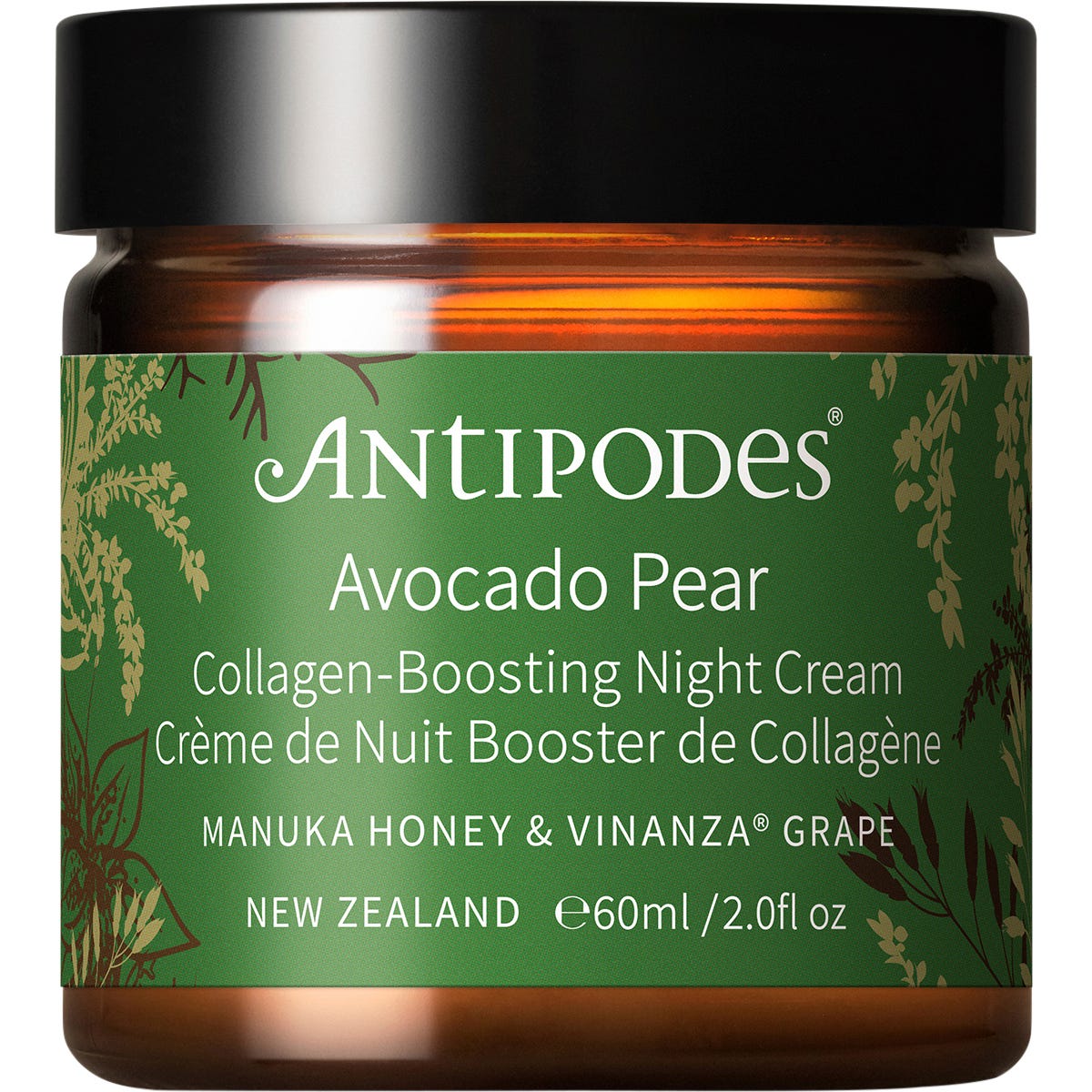 Antipodes Avocado Pear Collagen-Boosting Night Cream 60ml jar with a gold lid on a white background.