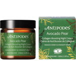Antipodes Avocado Pear Collagen-Boosting Night Cream 60ml jar and box with botanical illustrations.