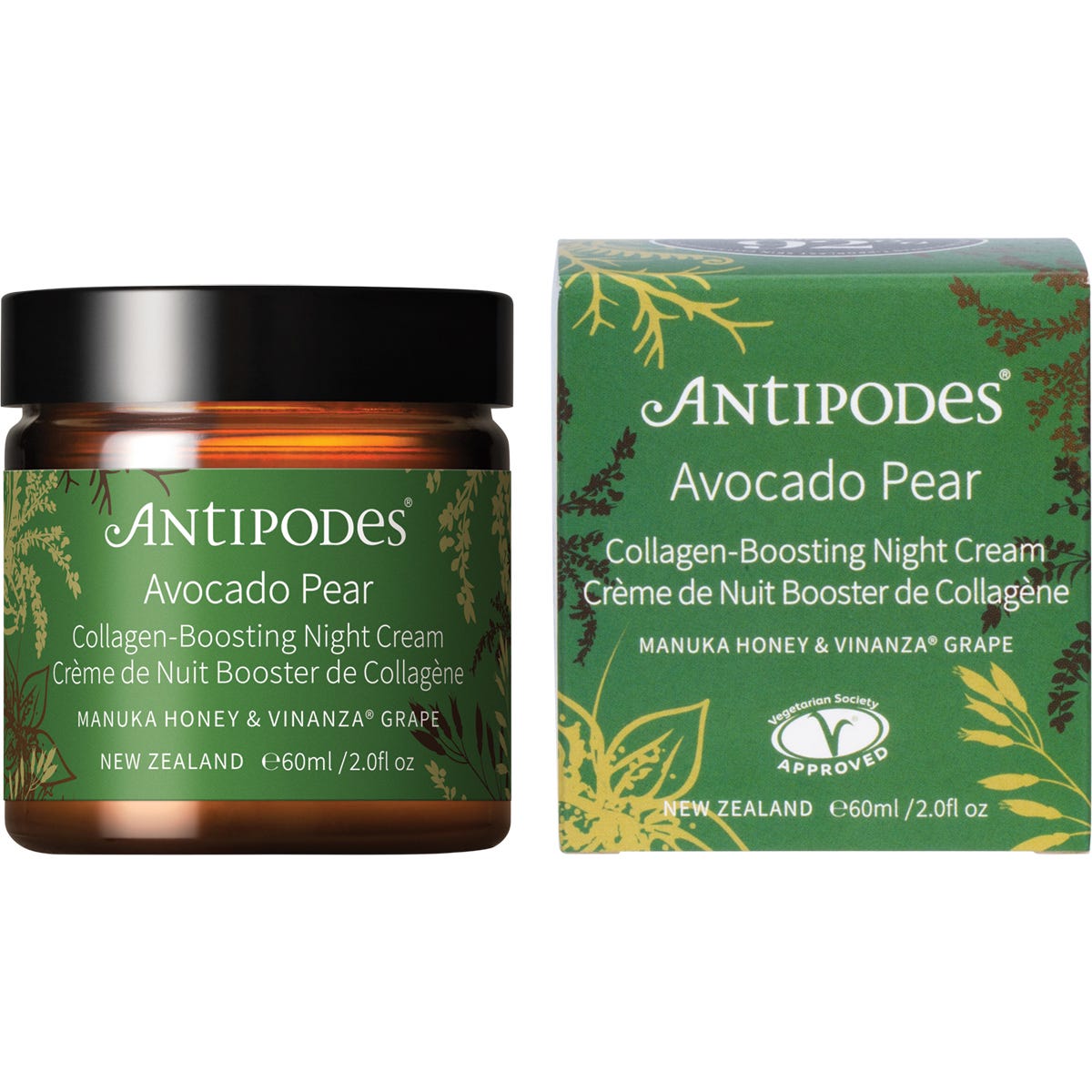 Antipodes Avocado Pear Collagen-Boosting Night Cream 60ml jar and box with botanical illustrations.