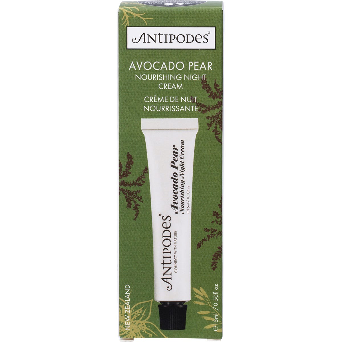 15ml mini tube of Antipodes Avocado Pear Nourishing Night Cream showing the back label on a white background.