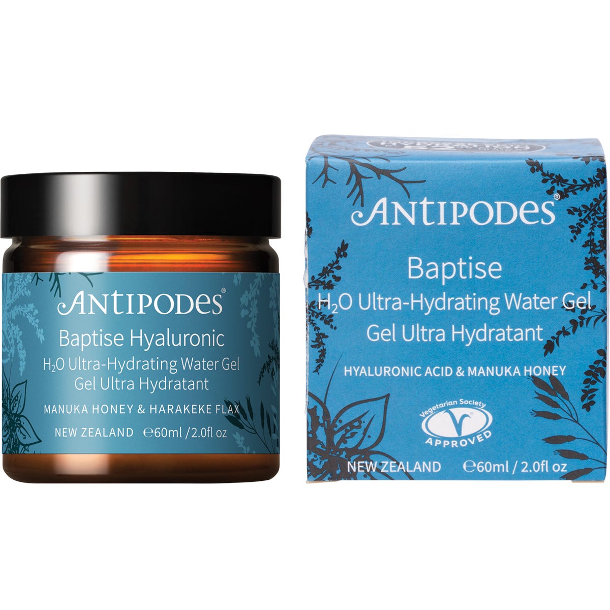 60ml glass jar of Antipodes Baptise H2O Ultra-Hydrating Water Gel with a black lid.