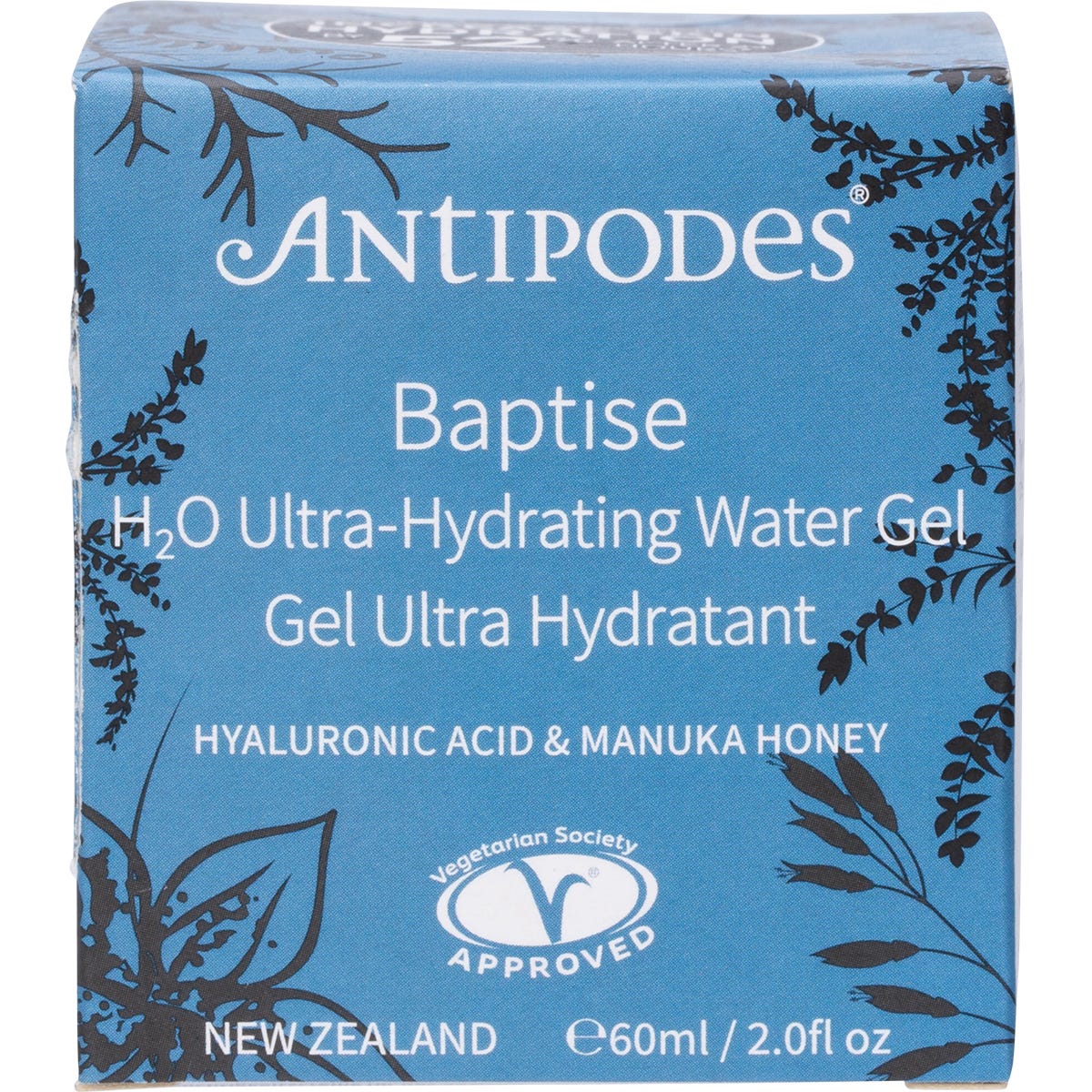 60ml jar of Antipodes Baptise H2O Ultra-Hydrating Water Gel with a black lid on a white background.