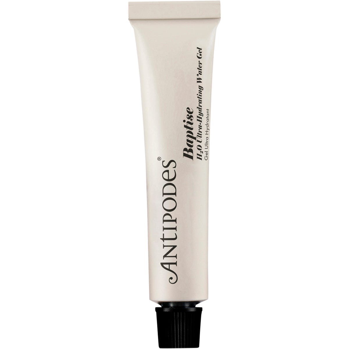 Antipodes Baptise H2O Ultra-Hydrating Water Gel 15ml mini jar shown with its green floral-patterned cardboard box.