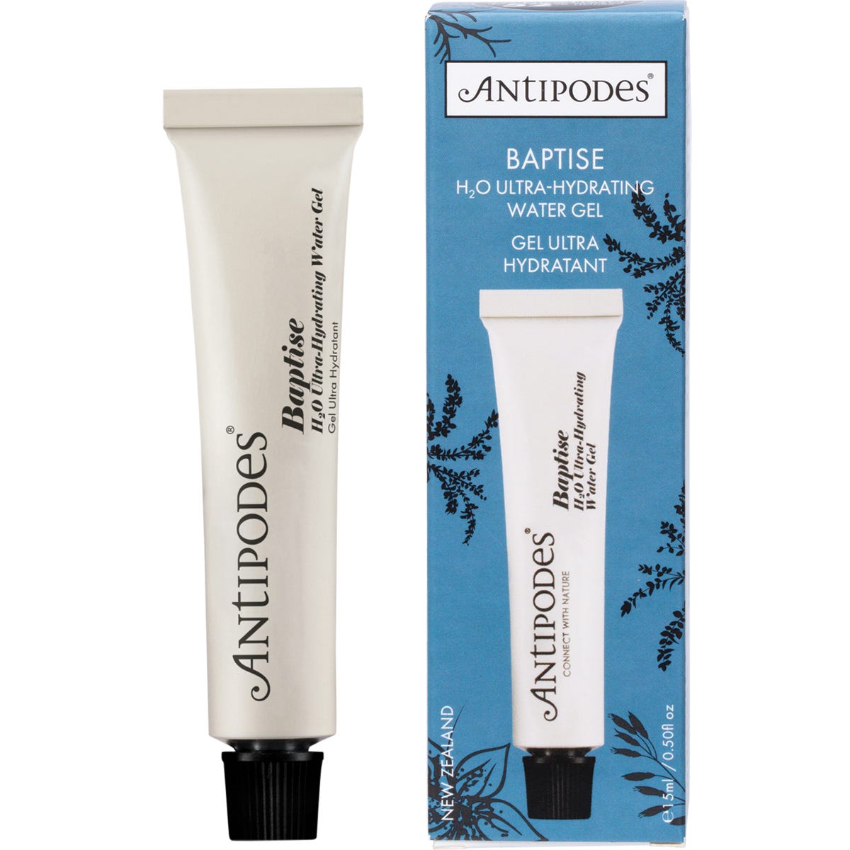 Antipodes Baptise H2O Ultra-Hydrating Water Gel 15ml mini jar with a black lid on a white background.