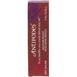 Antipodes Boom Rock Bronze Lipstick 4g in a black tube, showing a warm medium brown shade on a white background.
