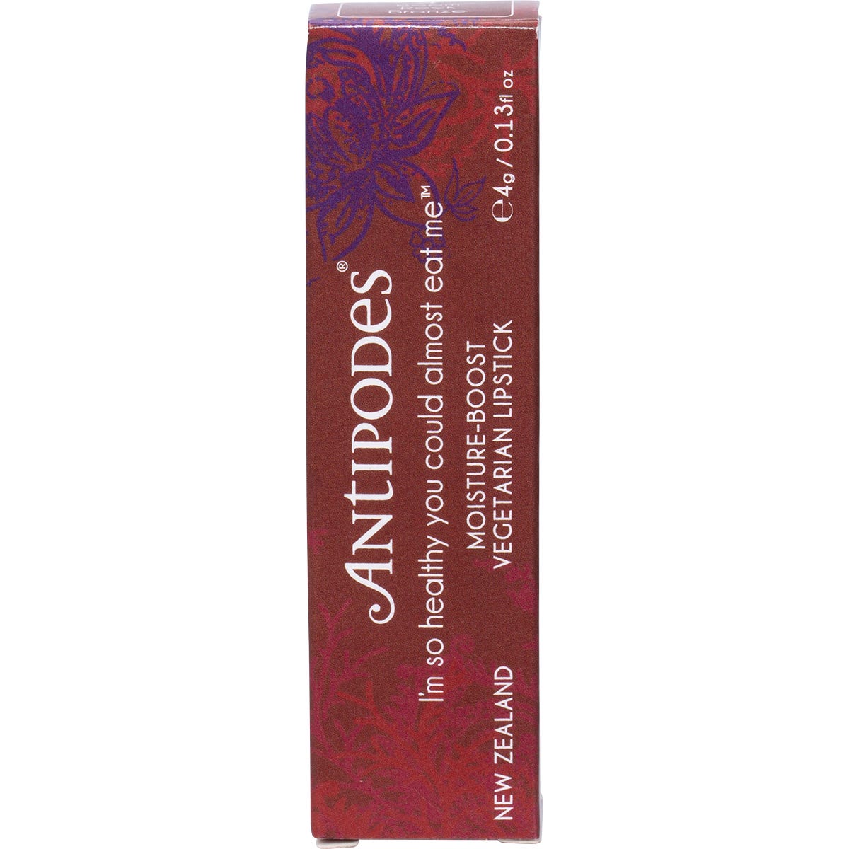 Antipodes Boom Rock Bronze Lipstick 4g in a black tube, showing a warm medium brown shade on a white background.