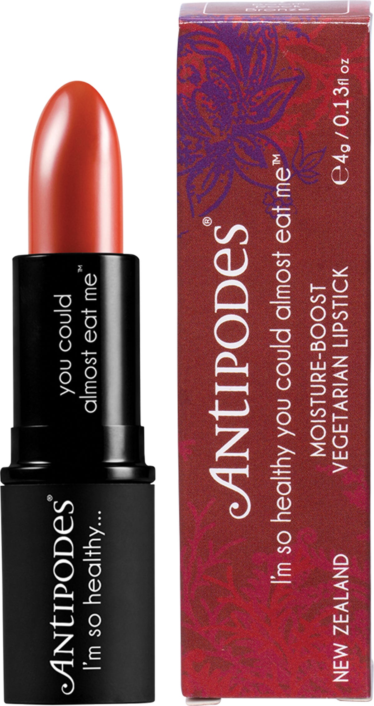 Antipodes Boom Rock Bronze Lipstick 4g in a black tube with a warm medium brown shade on a white background.