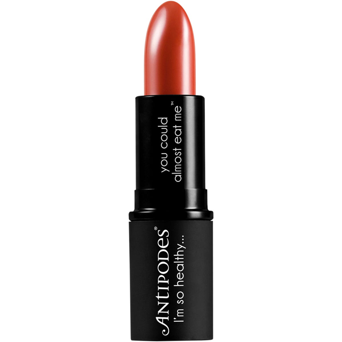 Antipodes Boom Rock Bronze Lipstick in a sleek black tube, showcasing a warm medium brown shade on a white background.