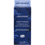 30ml bottle of Antipodes Credo Probiotic Serum with a white dropper and green label on a white background.