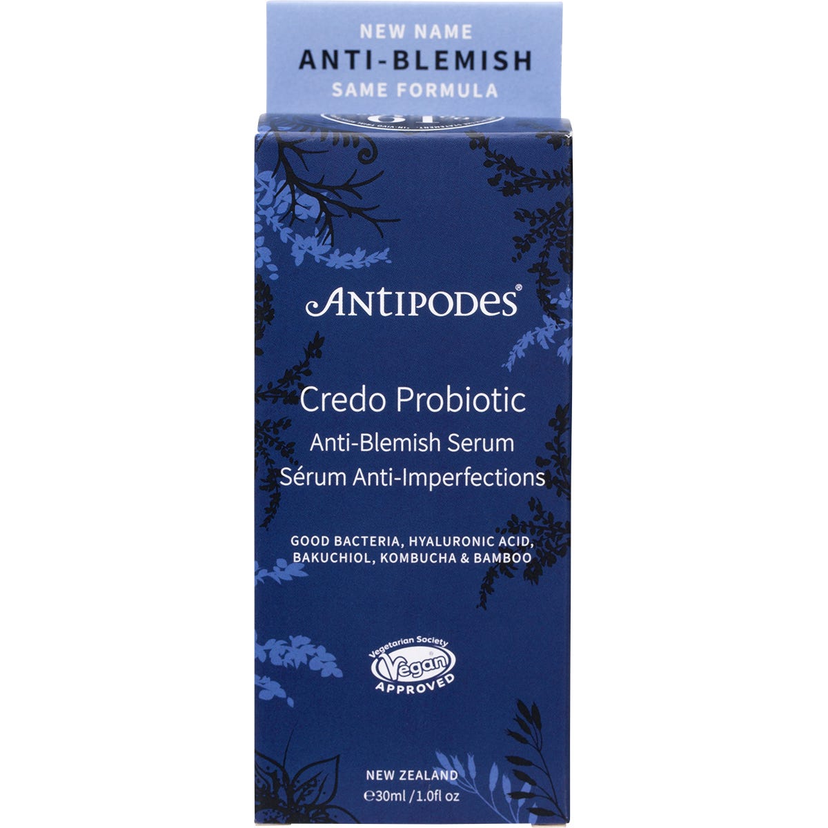30ml bottle of Antipodes Credo Probiotic Serum with a white dropper and green label on a white background.