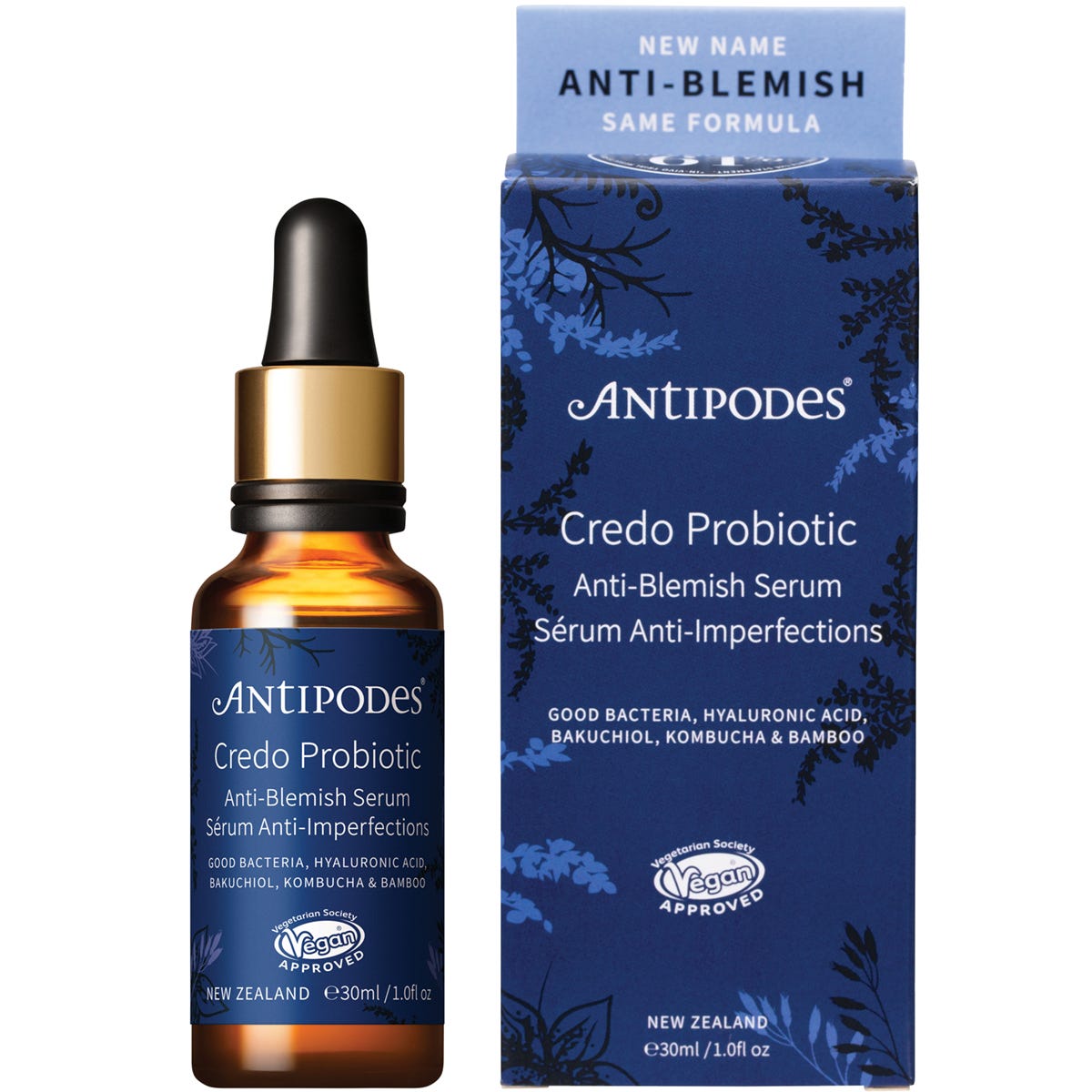 Antipodes Credo Probiotic Anti-Blemish Serum 30ml amber bottle with a dropper and a green box on a white background.