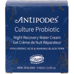 60ml jar of Antipodes Culture Probiotic Night Recovery Water Cream featuring light purple cream on a white background.