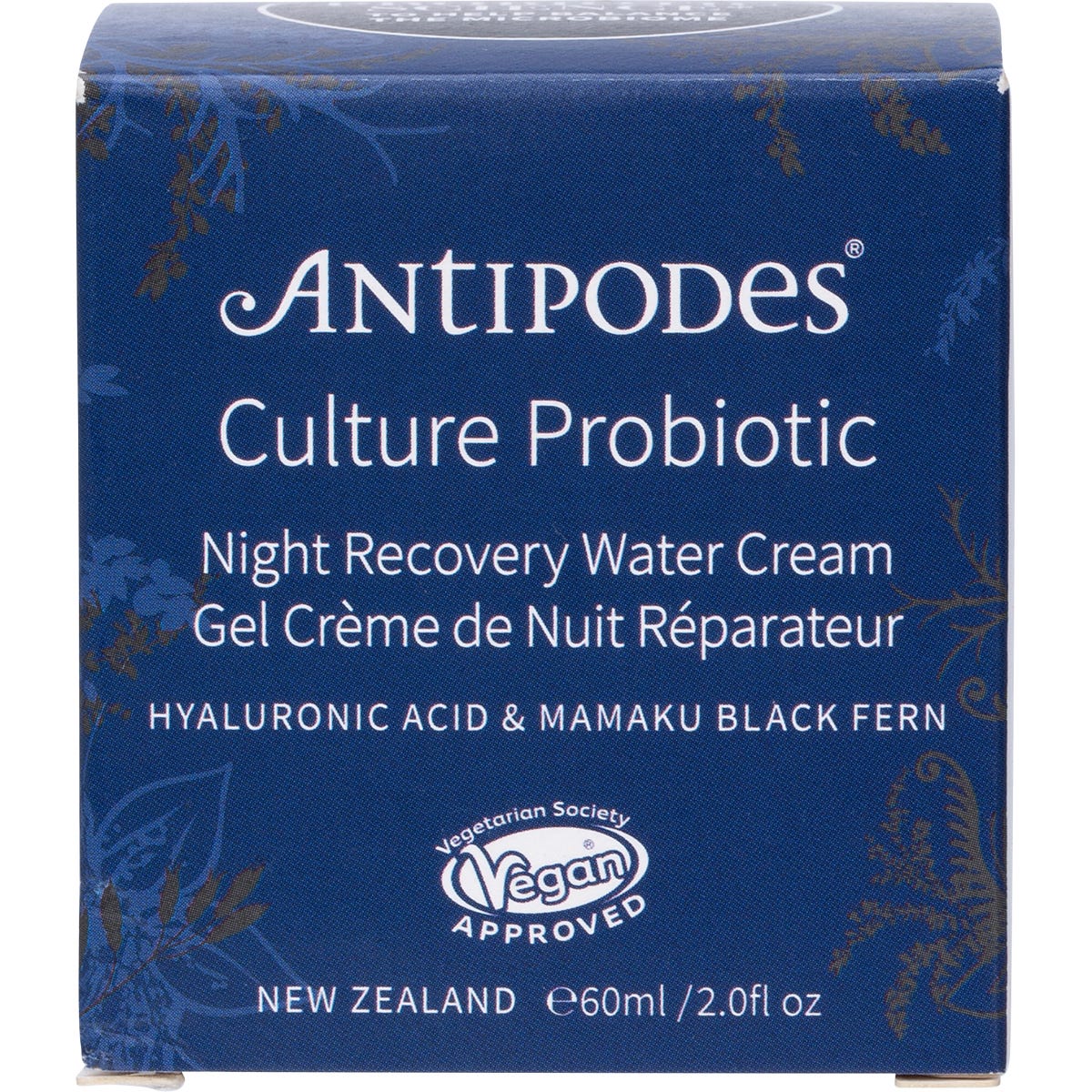 60ml jar of Antipodes Culture Probiotic Night Recovery Water Cream featuring light purple cream on a white background.