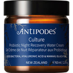 Antipodes Culture Probiotic Night Recovery Water Cream 60ml glass jar shown from above with its purple lid removed.