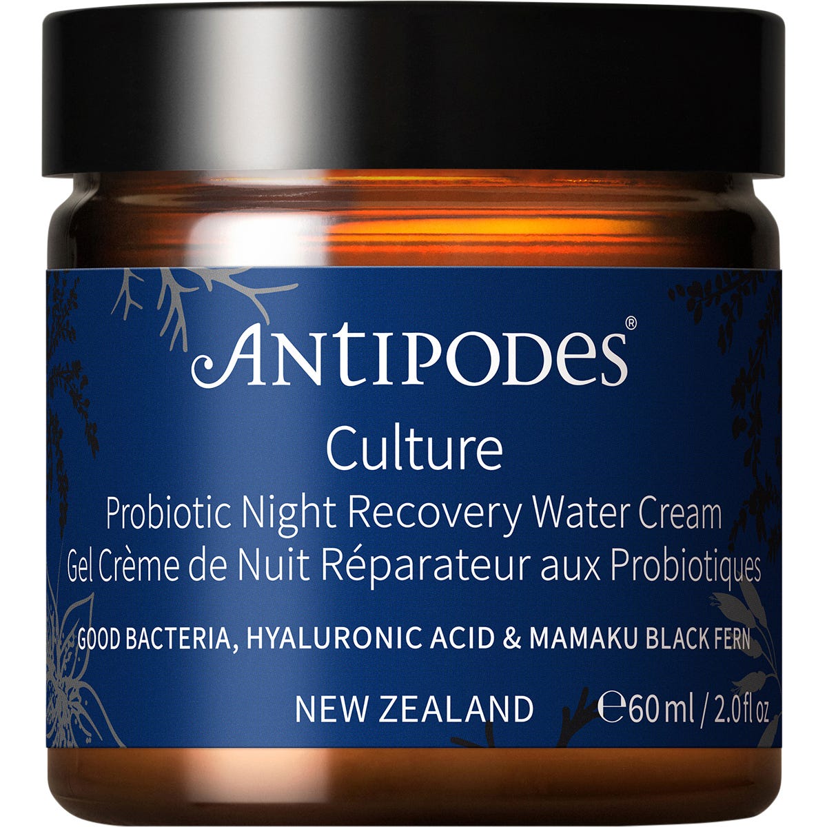 Antipodes Culture Probiotic Night Recovery Water Cream 60ml glass jar shown from above with its purple lid removed.