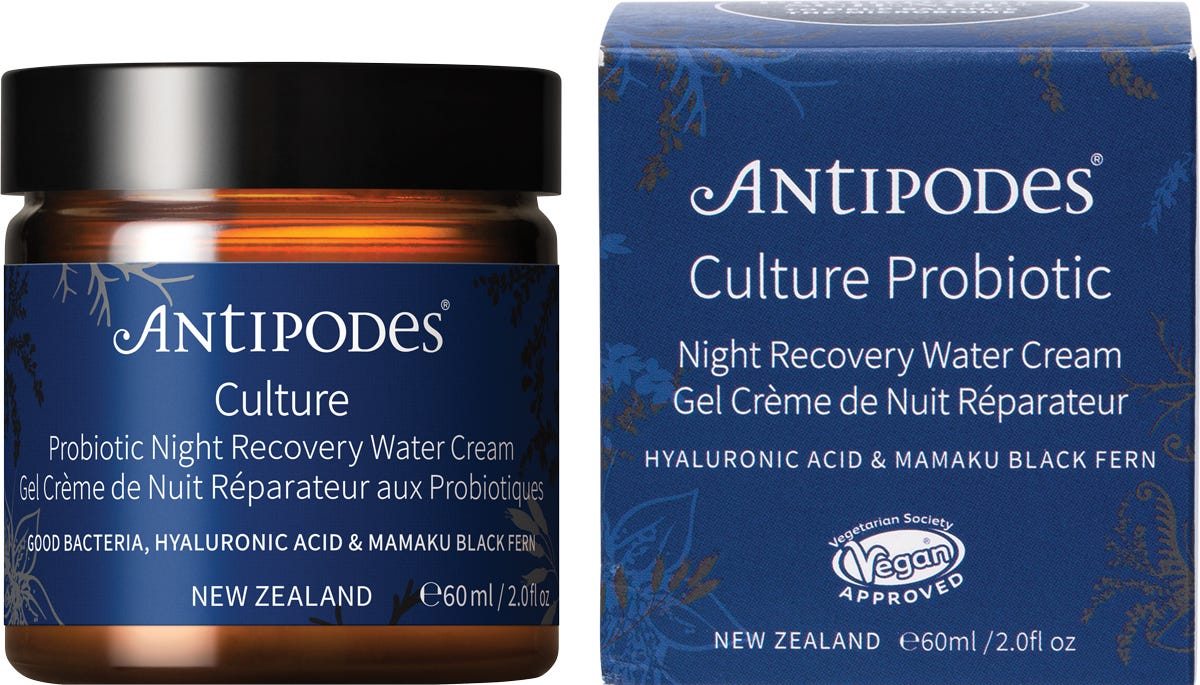 Antipodes Culture Probiotic Night Recovery Water Cream 60ml glass jar with purple cream and eco-friendly box.