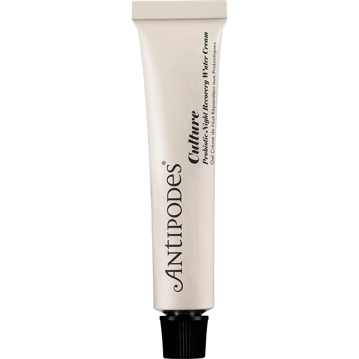 Antipodes Culture Probiotic Night Recovery Water Cream 15ml mini jar with a dark green lid and pink and green label.