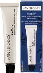 Antipodes Culture Probiotic Night Recovery Water Cream 15ml mini jar with a dark green lid and botanical label.