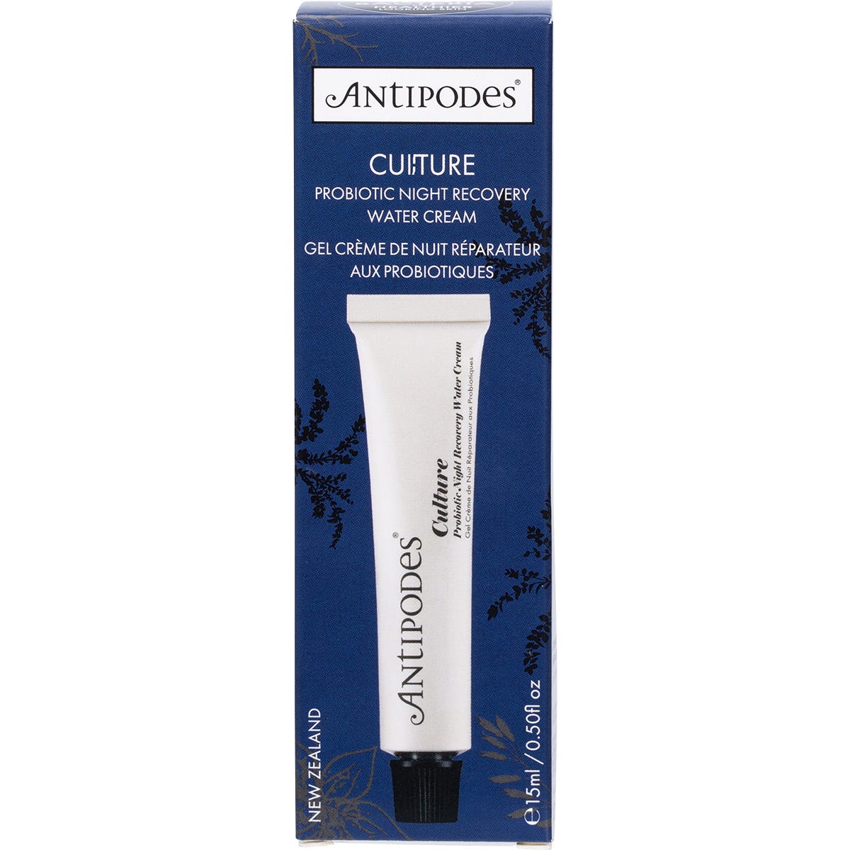 15ml jar of Antipodes Culture Probiotic Night Recovery Water Cream with a dark green lid on a white background.
