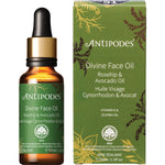 30ml glass bottle of Antipodes Divine Face Oil with Rosehip and Avocado Oil, featuring a gold dropper and green label.