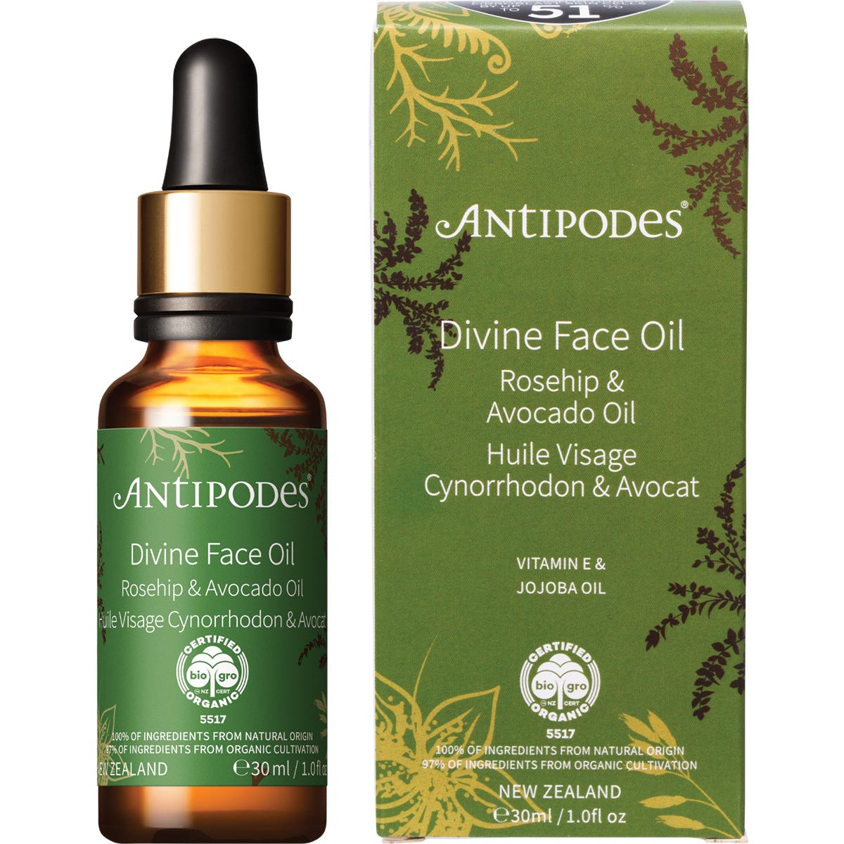 30ml glass bottle of Antipodes Divine Face Oil with Rosehip and Avocado Oil, featuring a gold dropper and green label.