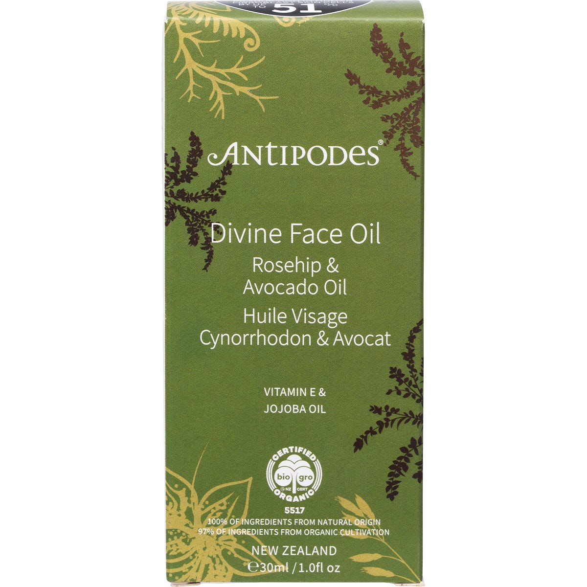 30ml bottle of Antipodes Divine Face Oil with Rosehip and Avocado on a white background.