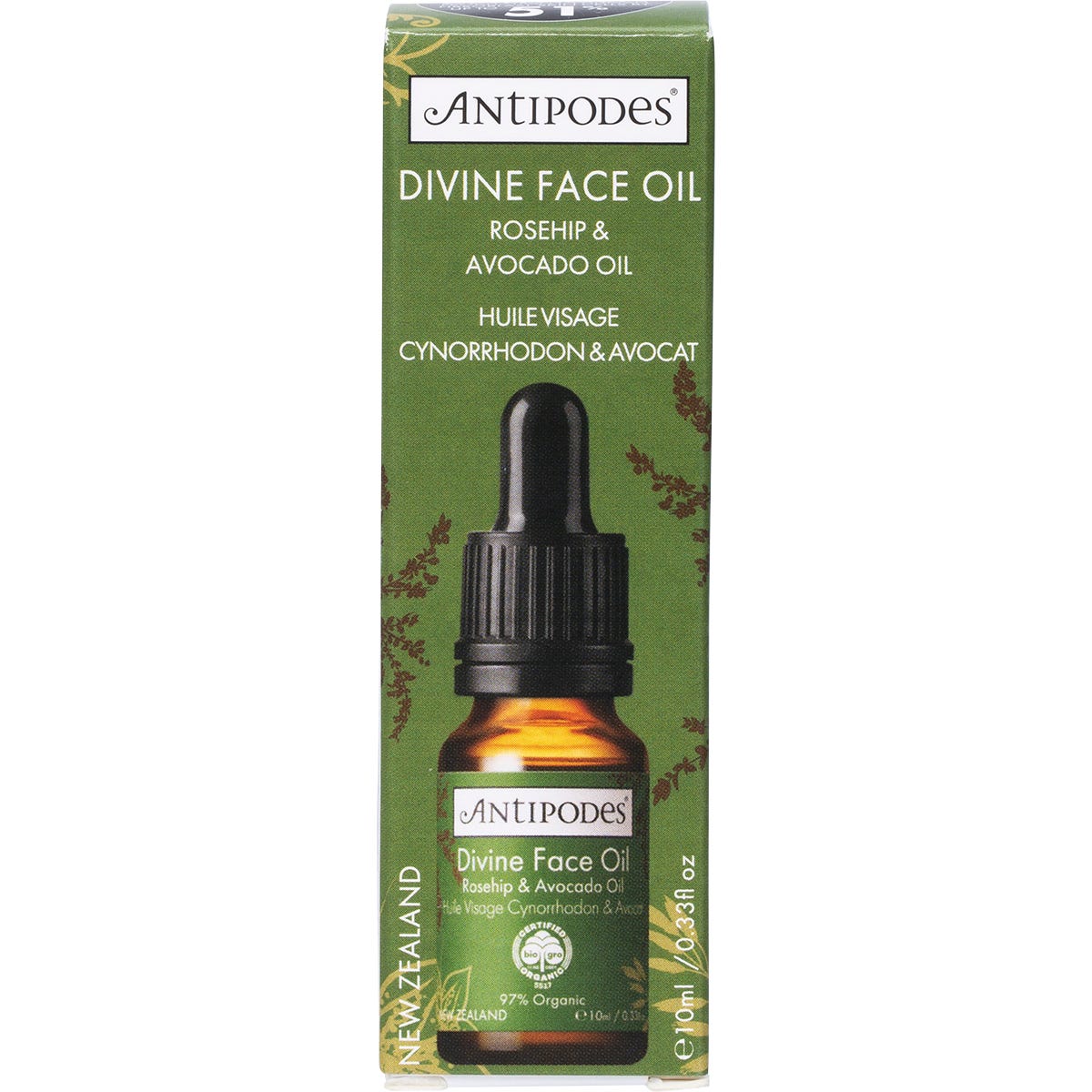 10ml mini bottle of Antipodes Divine Rosehip and Avocado Face Oil with a white dropper on a white background.