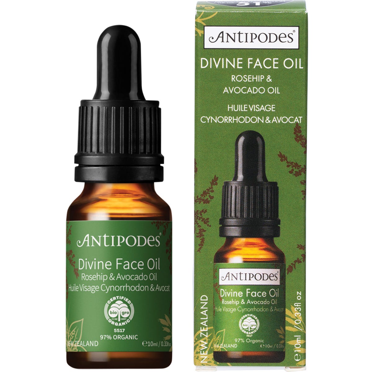 Antipodes Divine Rosehip & Avocado Oil Face Oil 10ml mini bottle with a dropper on a white background.