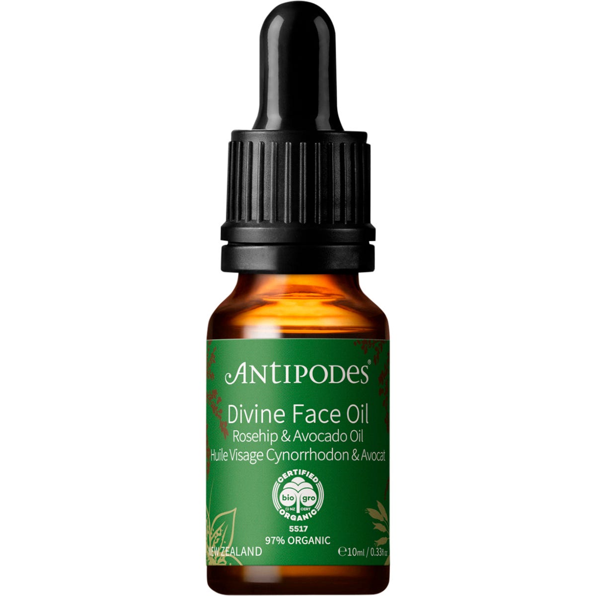 Antipodes Divine Rosehip and Avocado Face Oil 10ml mini bottle with a dropper next to its matching green and white box.