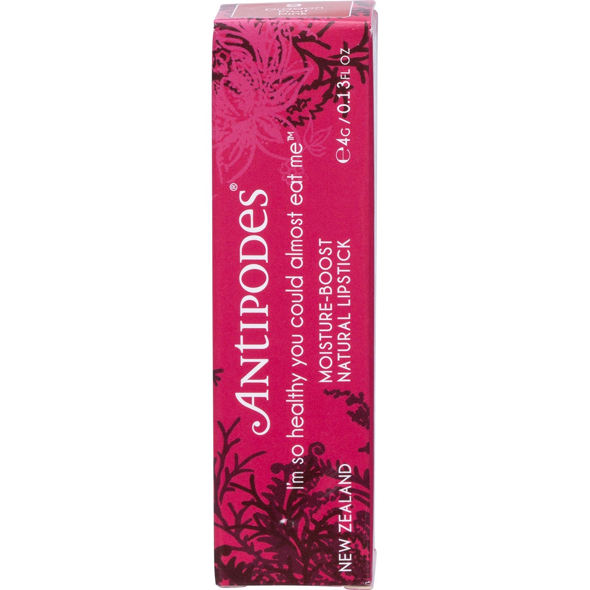 4g box of Antipodes Dragon Fruit Pink Lipstick featuring botanical illustrations on a white background.