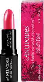 Antipodes Dragon Fruit Pink Lipstick tube and a 4g box featuring a vibrant pink shade with botanical illustrations.